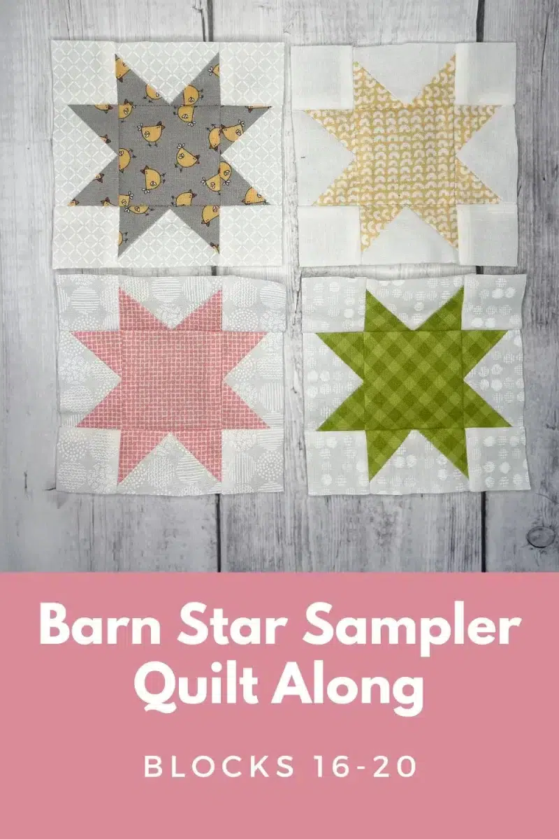 Cover image of 4 Sawtooth Star quilt blocks for the Barn Star Sampler quilt along blocks 16-20
