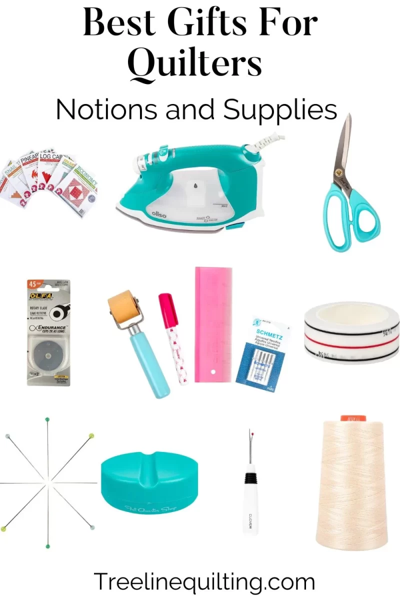 Notions for quilters shown: foundation paper pads, Oliso iron, scissors, rotary blades, basic FPP tools, diagonal seam tape, Little House pins, magnetic pin holder, seam ripper, cone of thread.