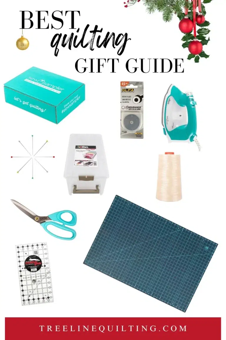Best Quilting gift guide with overview of quilting supplies. Rotary blades, Oliso iron, storage bin, cone of thread, pins, scissors, cutting mat and ruler.