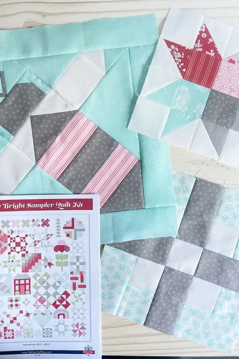 The picture depicts the first three blocks of the Shine Bright Sampler quilt and a mocked up picture of the quilt.