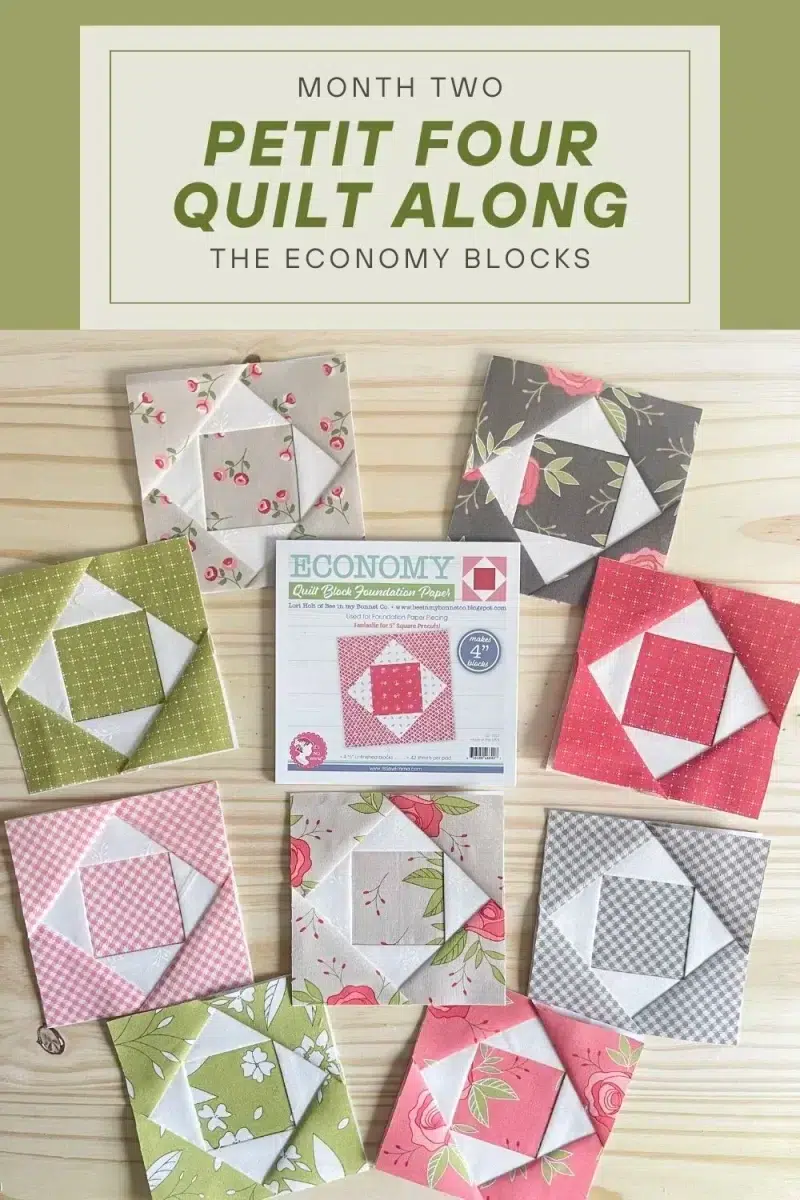 9 Economy quilt blocks shown in a variety of colors. Includes a pad of the 4 inch Economy block foundation paper.