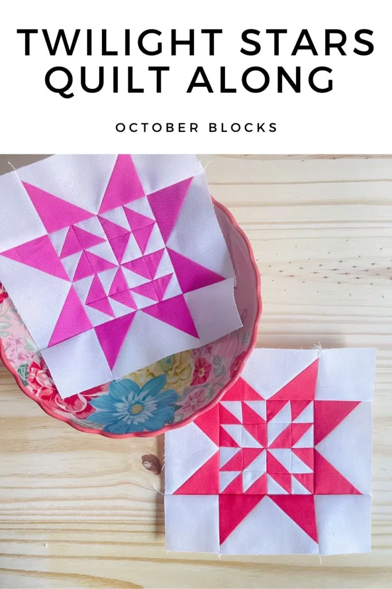 Quilt block in a bowl and one on table. Star quilt blocks in pink and red.