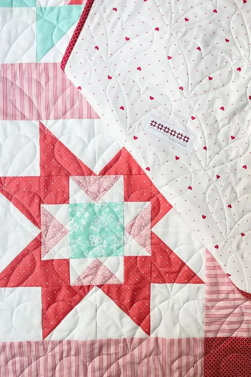 Moda Stitch Pink 2023 Adore Quilt made with Lighthearted fabric collection by Camille Roskelley. Uses the white and red 108 wide back. Quilt label shown from Sweetwater Labels