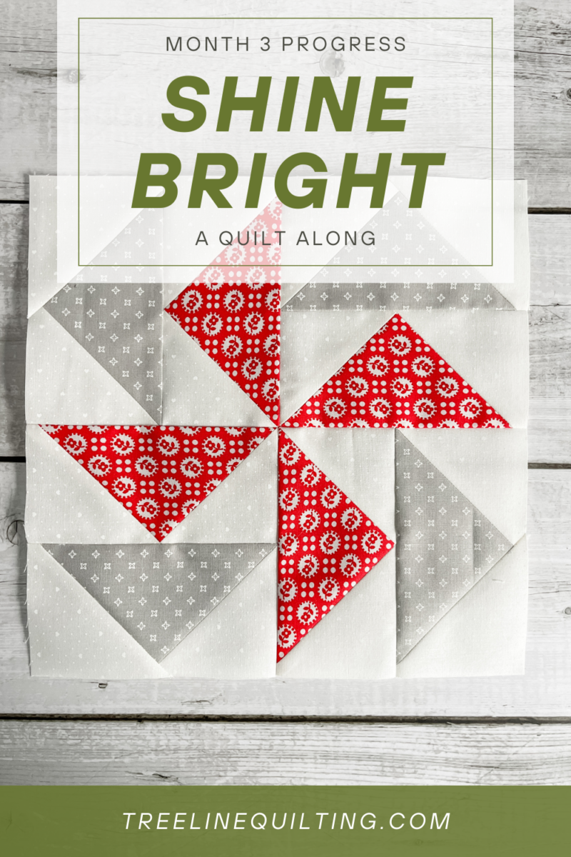 Shine Bright cover image with a block made of flying geese in red, grey, and white.