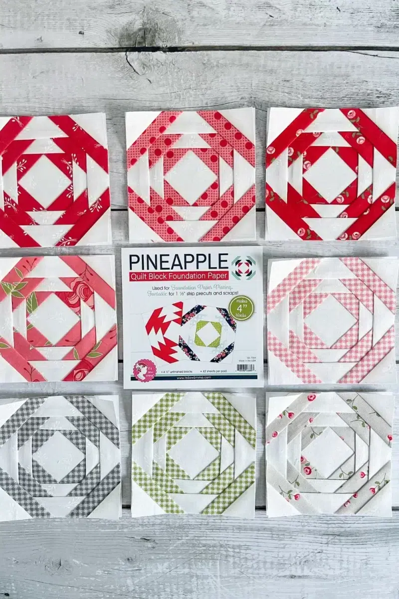 8 pineapple quilt blocks and a paper pad of pineapple foundation papers in the 4 inch finished size.