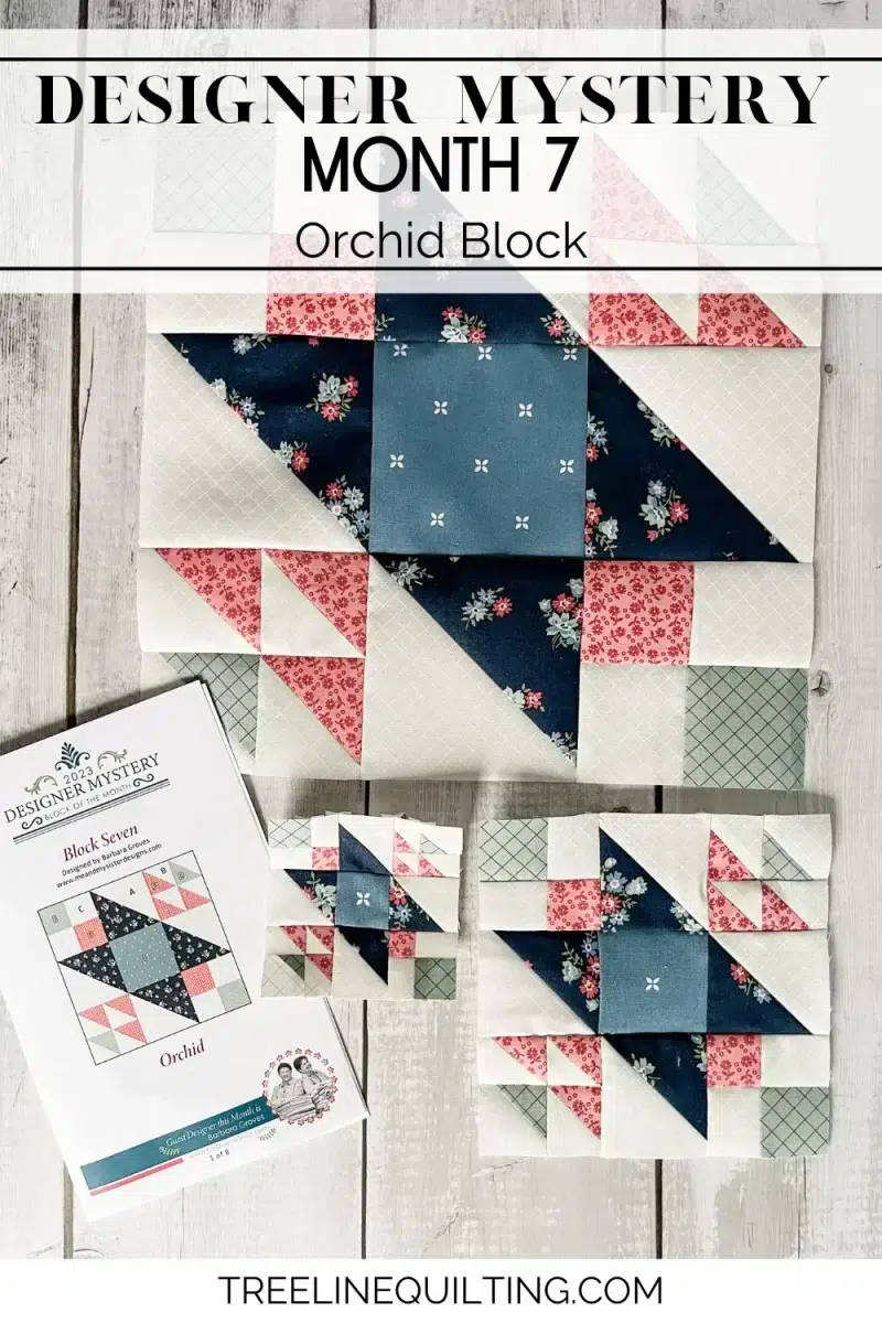 Cover image showing three sizes of the same quilt block, the pattern cover, and the title Designer Mystery Month 7.