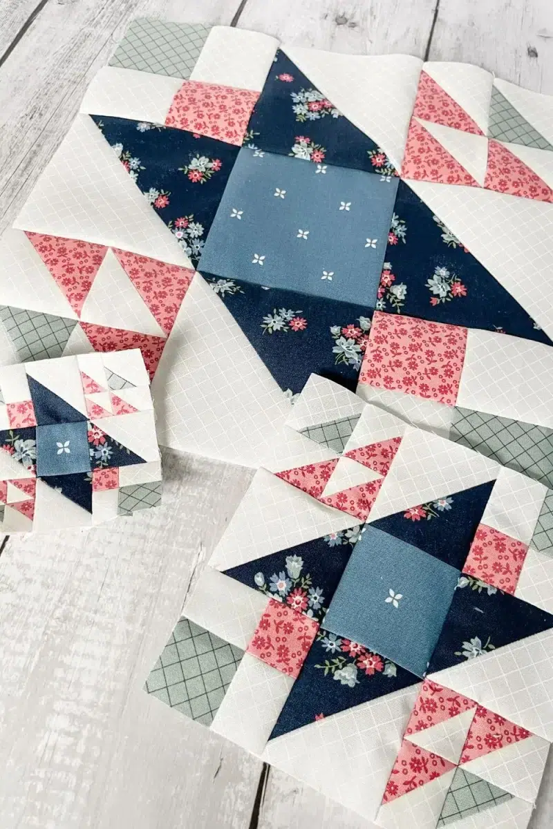 An angled view of the three sizes of quilt block.