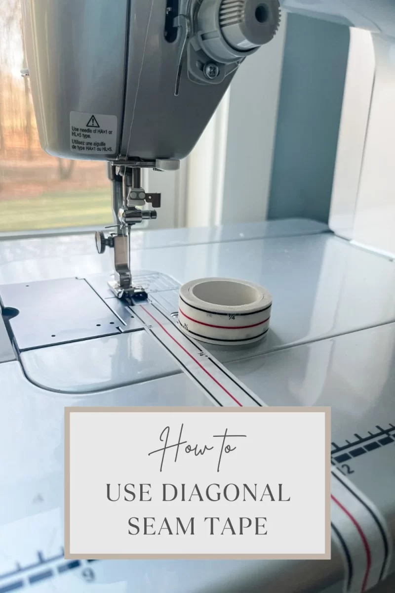 Sewing machine with diagonal seam tape installed on the machine bed