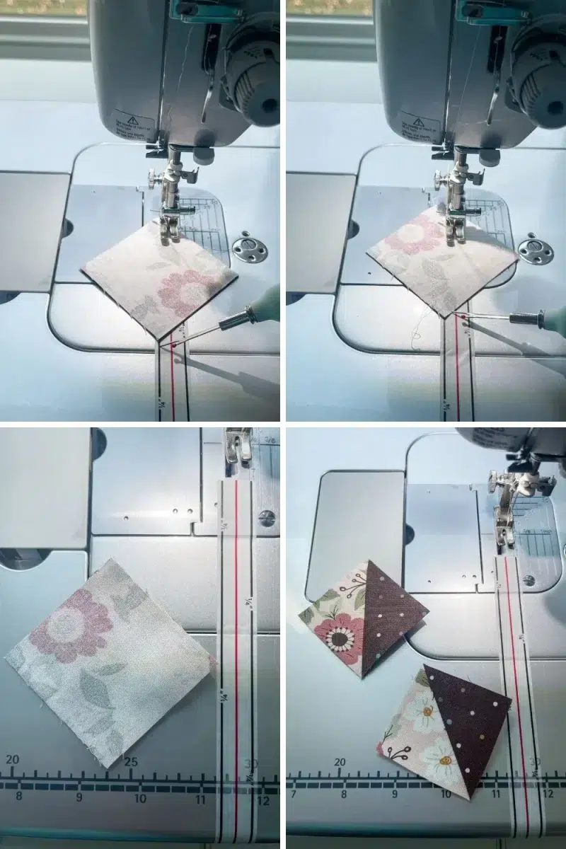 steps to using diagonal seam tape to make two at a time half square triangles