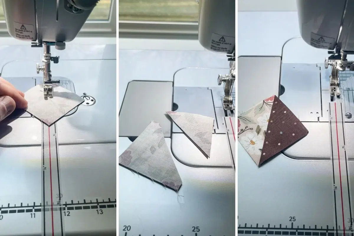 Steps to making one at a time half square triangle using seam tape.