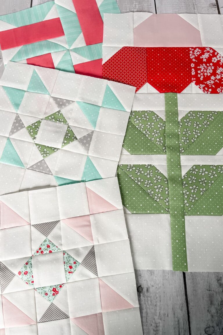 Shine Bright Quilt blocks for month 2 of the quilt along. There are 4 quilt blocks displayed