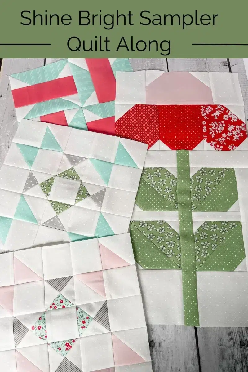 Cover image of 4 quilt blocks for Shine Bright Month 2 quilt along