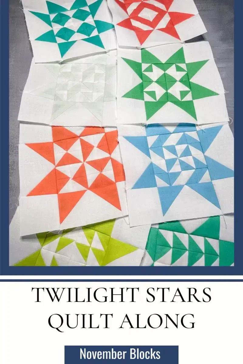 2 quilt blocks from the Triangle Gatherings Quilt Book. Made up of 16 half square triangles in the center and flying geese star points. A cover image of all 8 of the November blocks