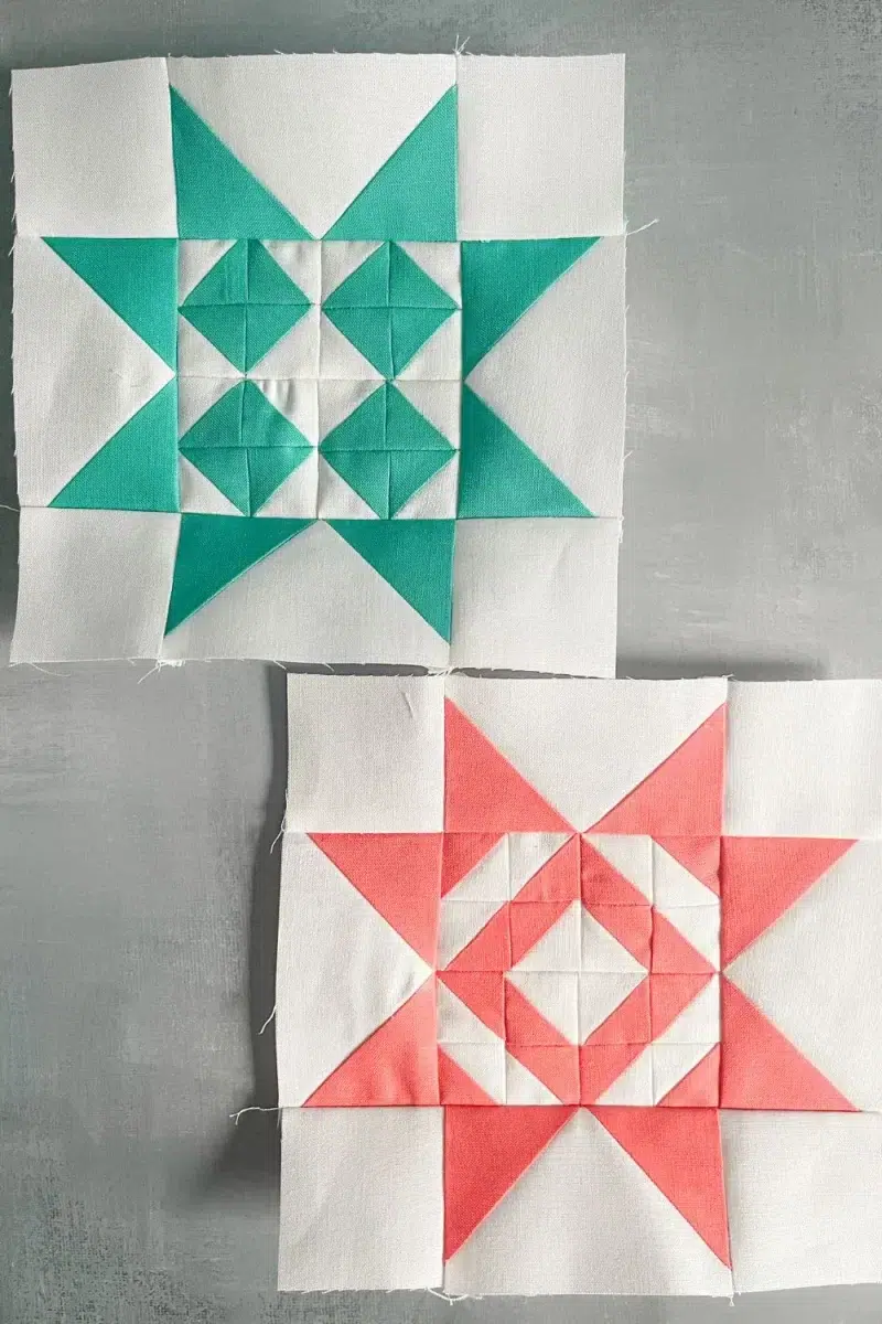 2 quilt blocks from the Triangle Gatherings Quilt Book. Made up of 16 half square triangles in the center and flying geese star points. One block is teal and white, the other is coral and white.