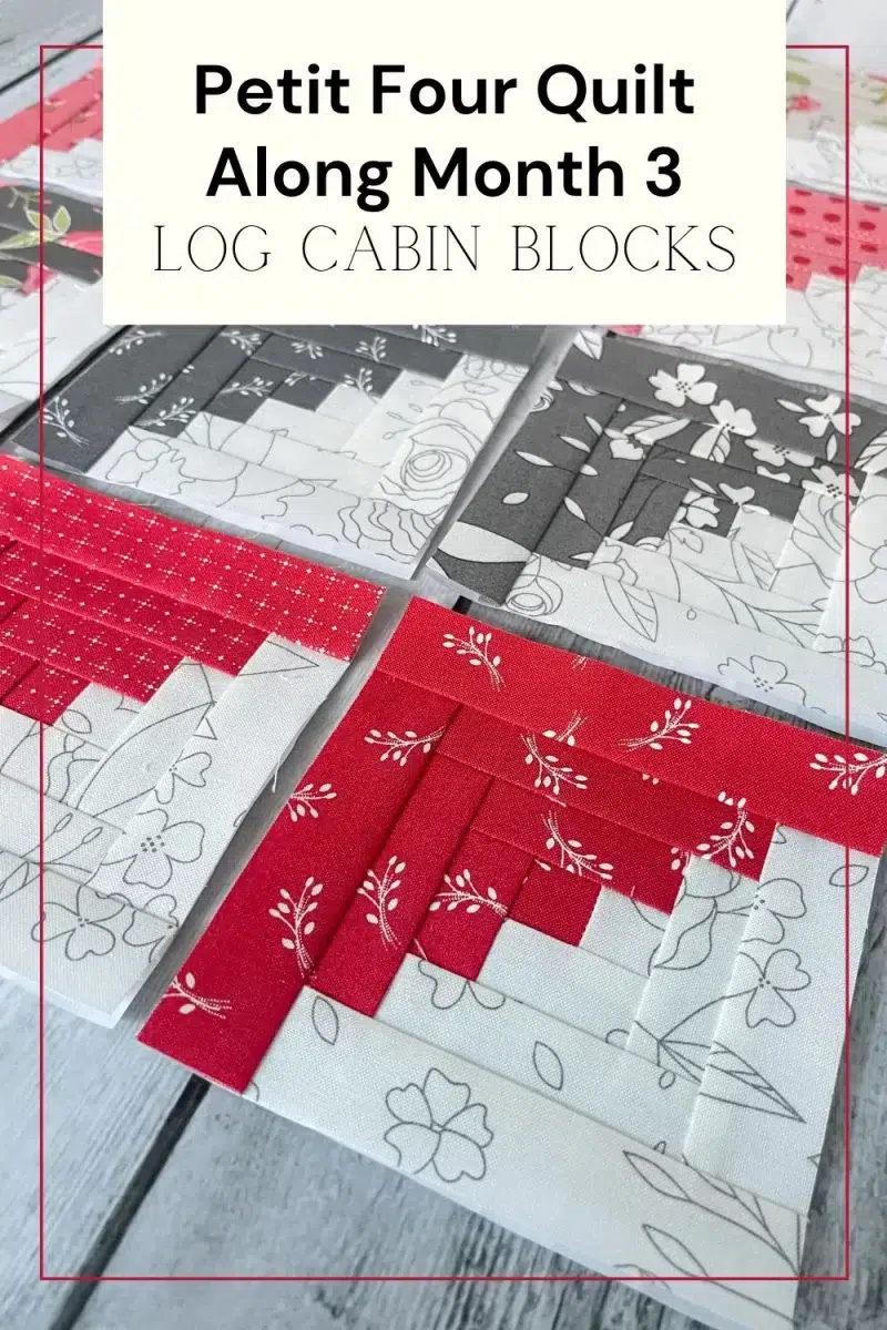 Paper pieced log cabin blocks with half of each block in a grey and white pencil sketch print and the other halves in pink, tan, dark gray, and red floral printed fabrics.