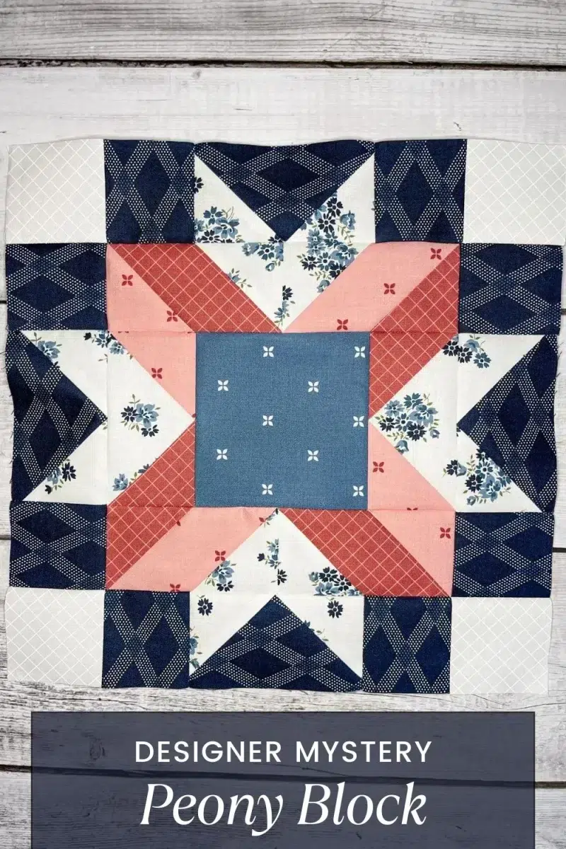 Designer Master Peony Block cover image of the month 6 quilt block in blue, pinks, and white