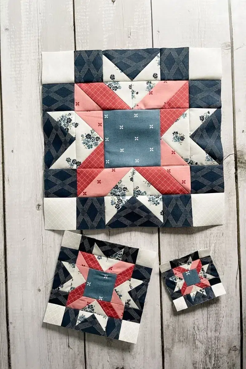 Three sizes of the Peony quilt block 12 inch, 6 inch, and 3 inch