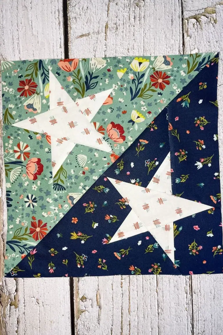 Blockheads 5 Block 9 is a paper pieced block with two stars in a larger half square triangle block