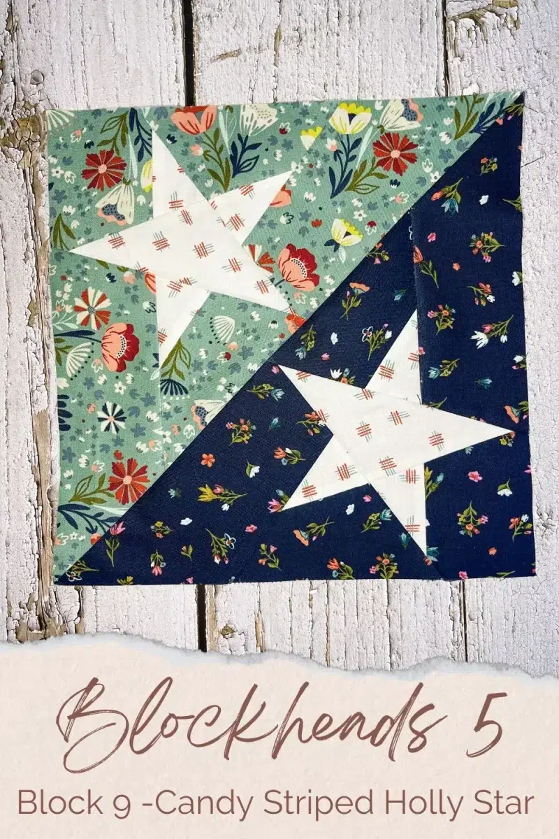 The Candy Striped Holly Star quilt block for Blockheads 5 Block 9 is a paper pieced block with a half square triangle appearance and a star pieced in each of the triangles
