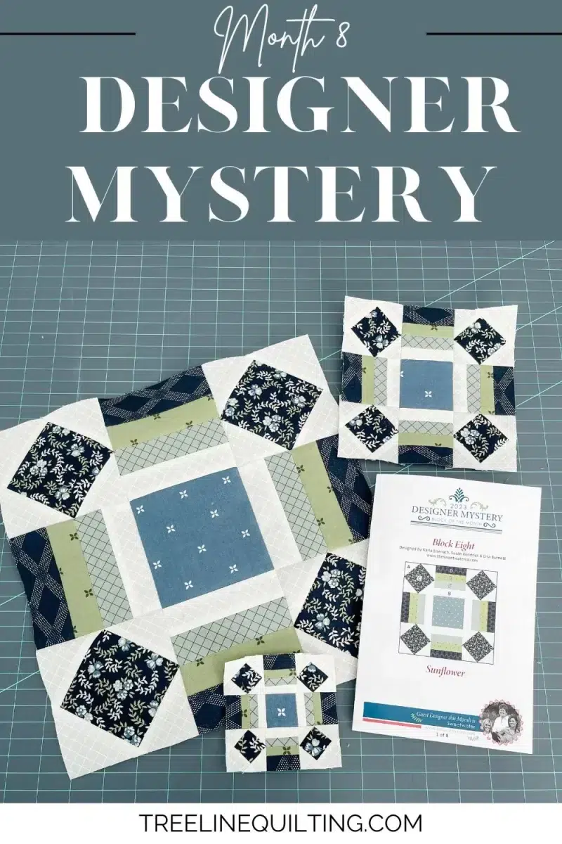 Designer Mystery Month 8 cover image with three quilt blocks in different sizes and the cover of the pattern.