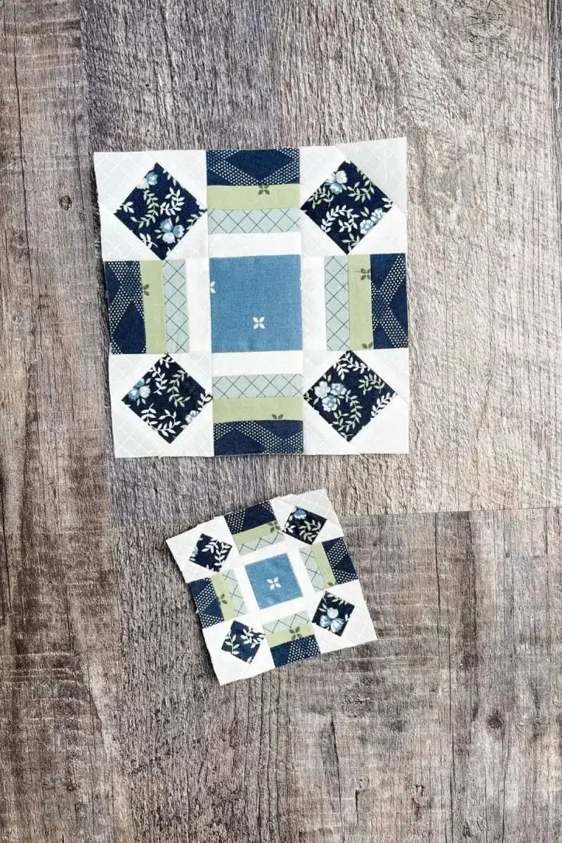 6 inch and 3 inch quilt blocks of the Sunflower block in navy, green, blue, and white.