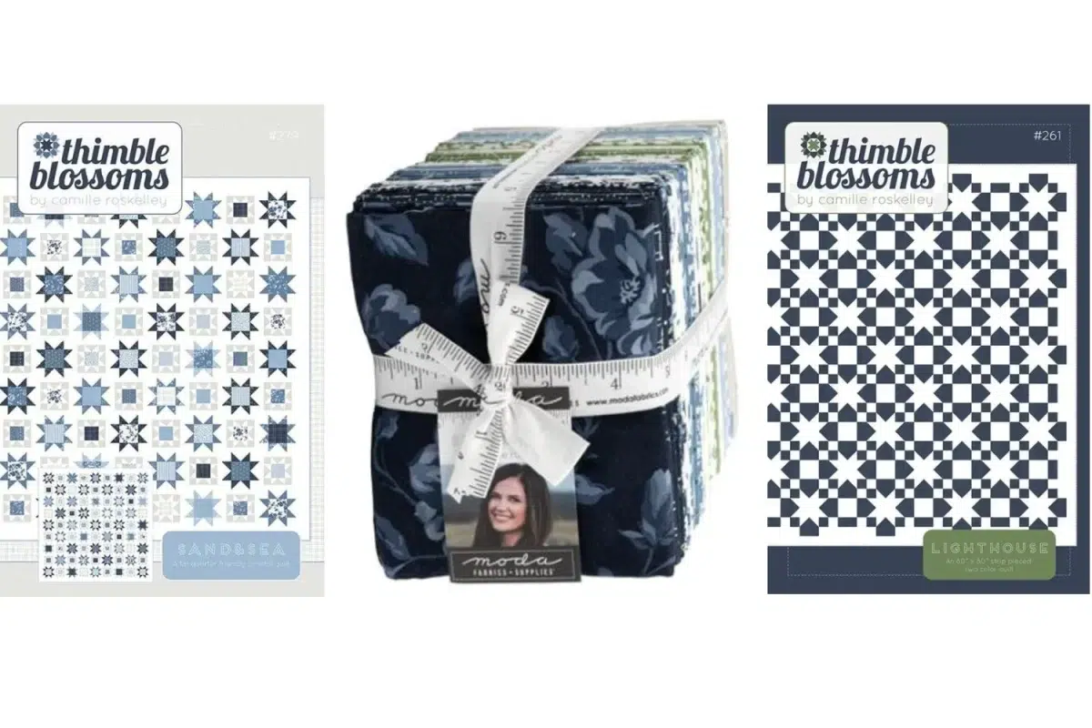 Shoreline fabric collection by Camille Roskelley and two of her patterns Sand & Sea and Lighthouse
