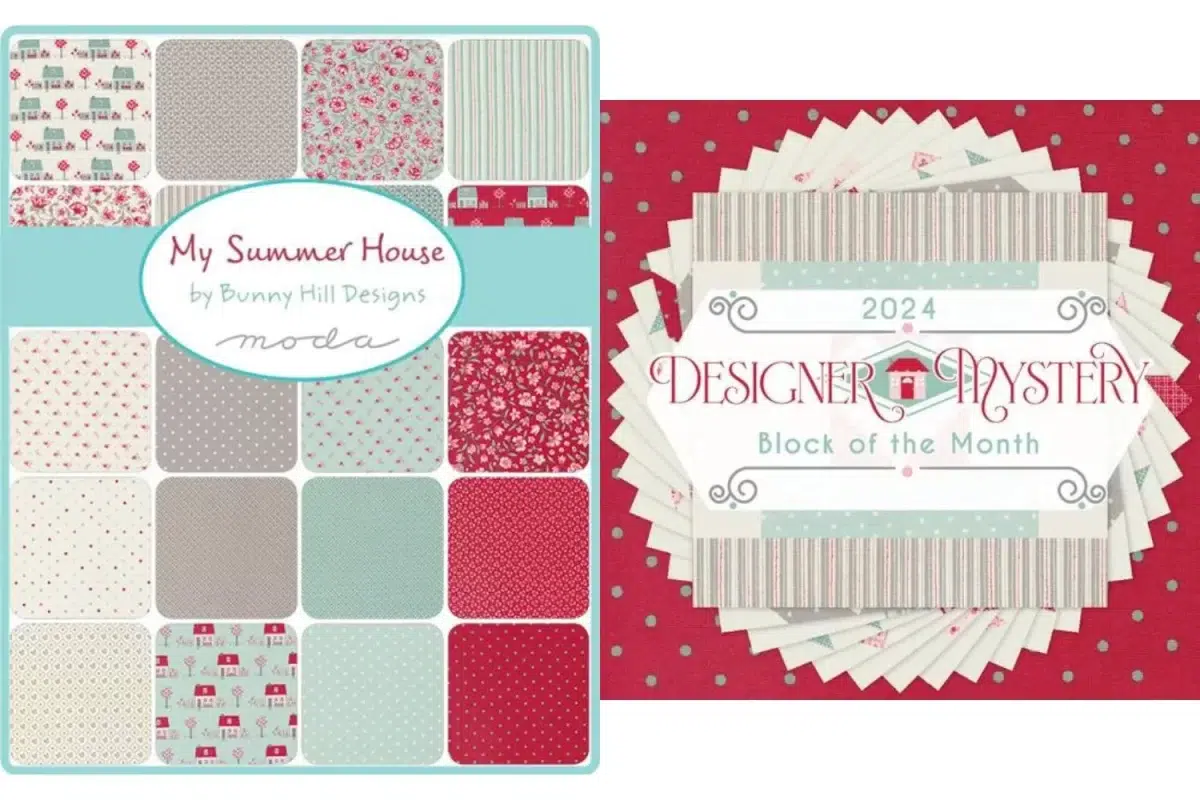My Summer House fabric collection and the 2024 Designer Mystery block of the month cover image (the quilt uses this fabric)