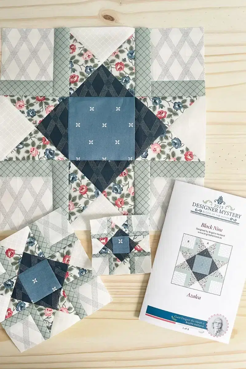 Designer Mystery quilt block 9 in 3 sizes. Pattern for the Azalea block