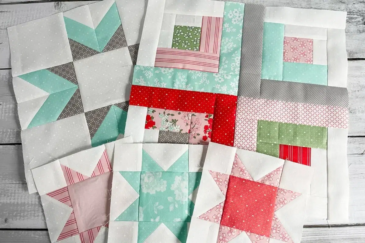 5 quilt blocks for month 5 of the Shine Bright Sampler Quilt Along hosted by Fat Quarter Shop