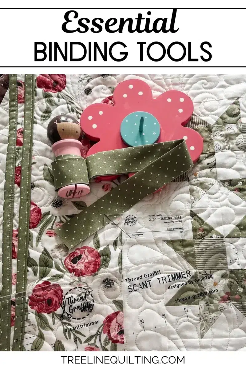 Essential Binding Tools cover page with a binding baby and base, a scant trimmer, and a binding boss tool on top of a finished quilt.
