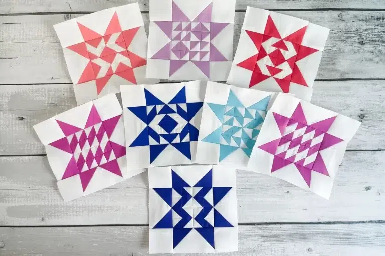 8 quilt blocks with a variety of center layouts made with 16 half square triangles.