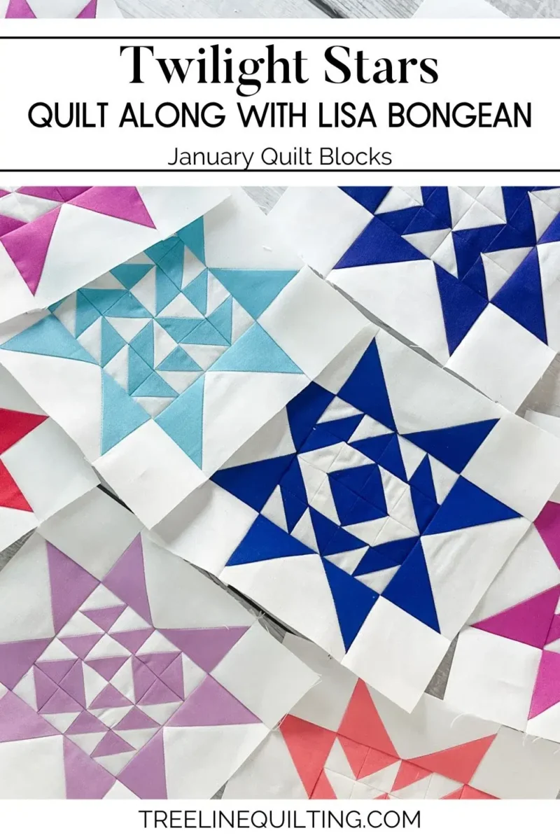Cover image for the January quilt blocks for Twilight Stars quilt along. Pile of quilt blocks with a title.