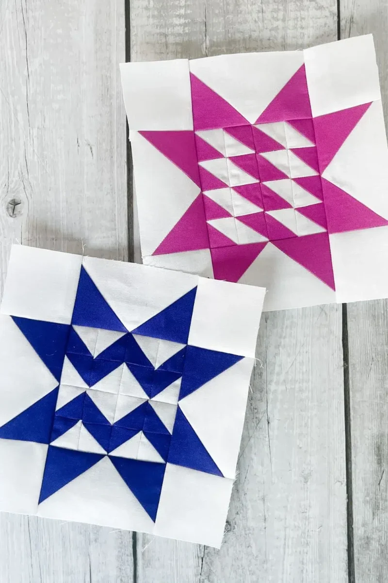 Two quilt blocks for the Twilight Stars Quilt Along. One dark blue and white and the other is a pink/purple and white. Uses half square triangles arranged to make the center and flying geese and corner squares to complete the quilt block.