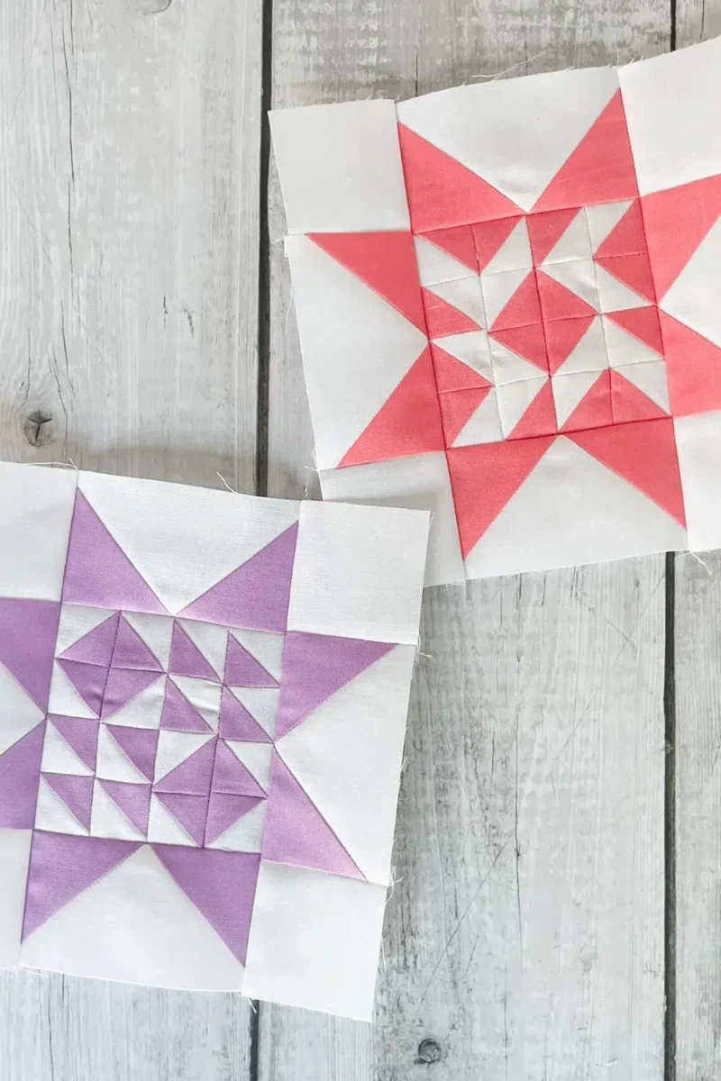 Two quilt blocks for the Twilight Stars Quilt Along. One lavender and white and the other is cantaloupe and white. Uses half square triangles arranged to make the center and flying geese and corner squares to complete the quilt block.