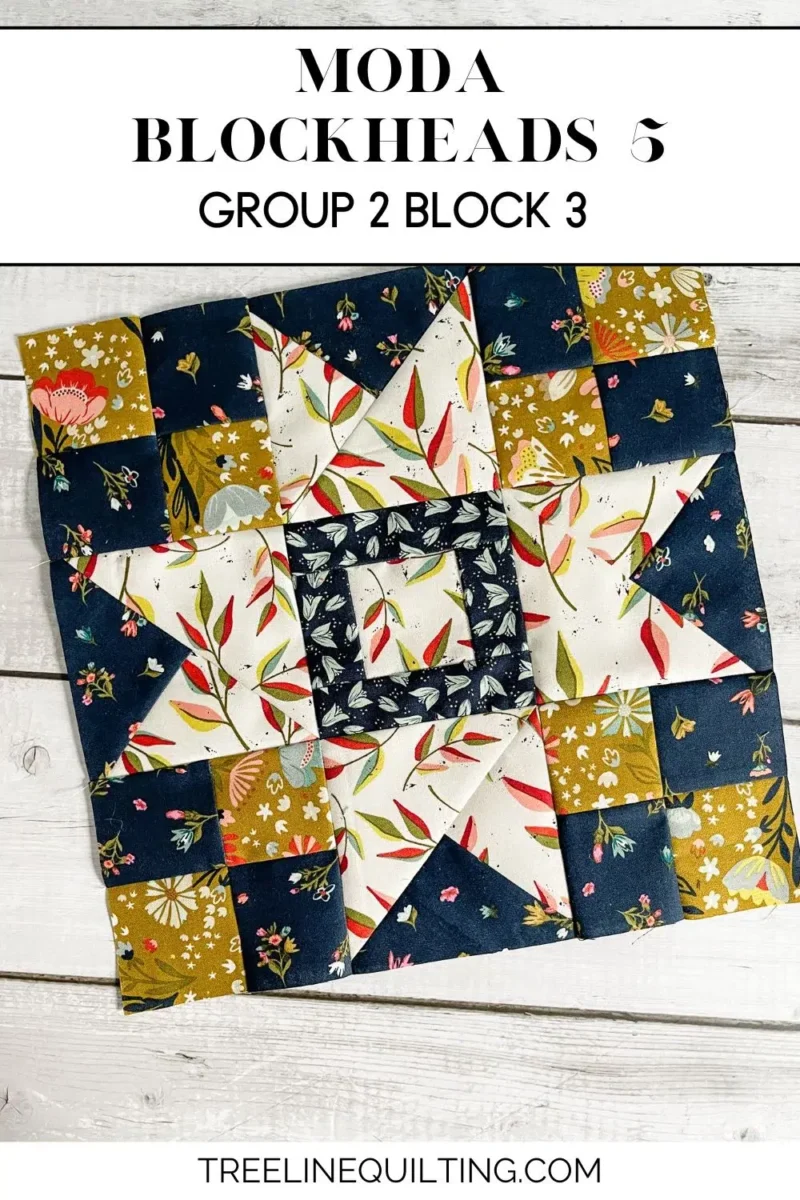 Cover image for Moda Blockheads 5 Group 2 Block 3. A quilt block called the Shimmer Star. It is made with Songbook fabrics by Fancy That Design House.