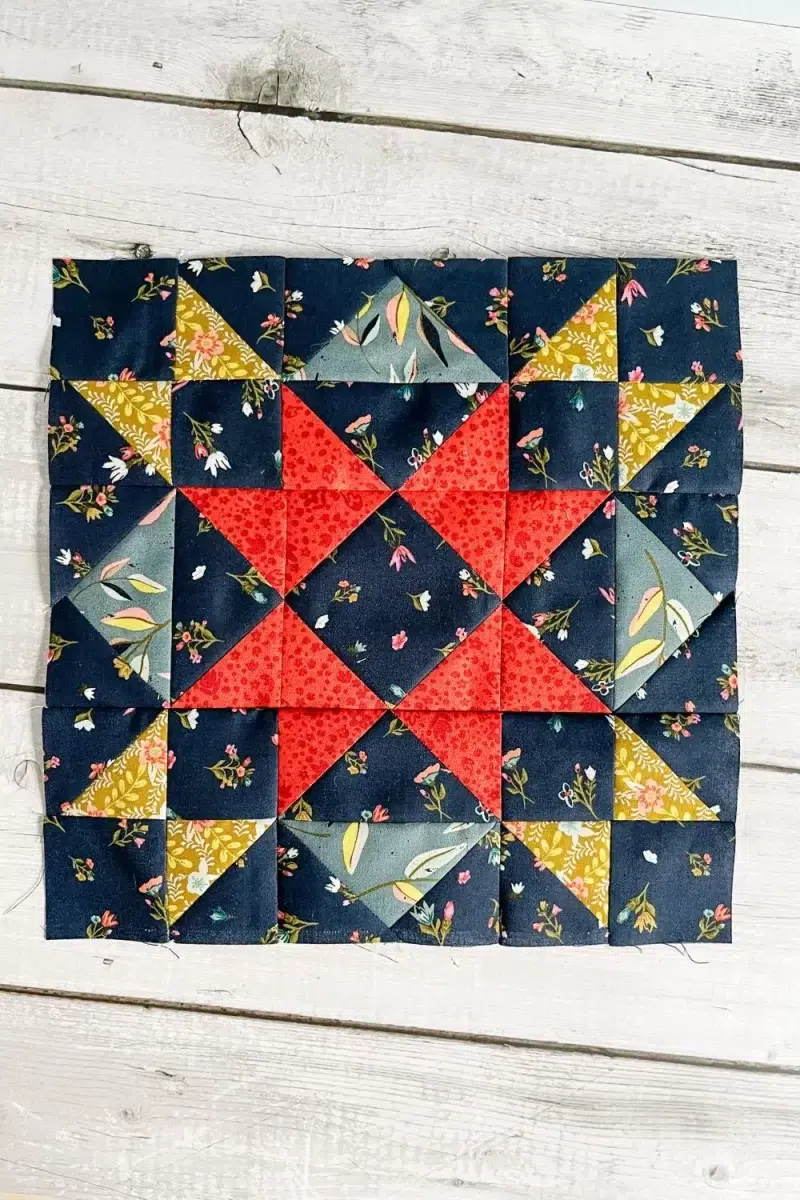 Moda Blockheads 5 group 2 block 1. The Dream Big star block made with Fancy That Design House's fabric collection Songbook.