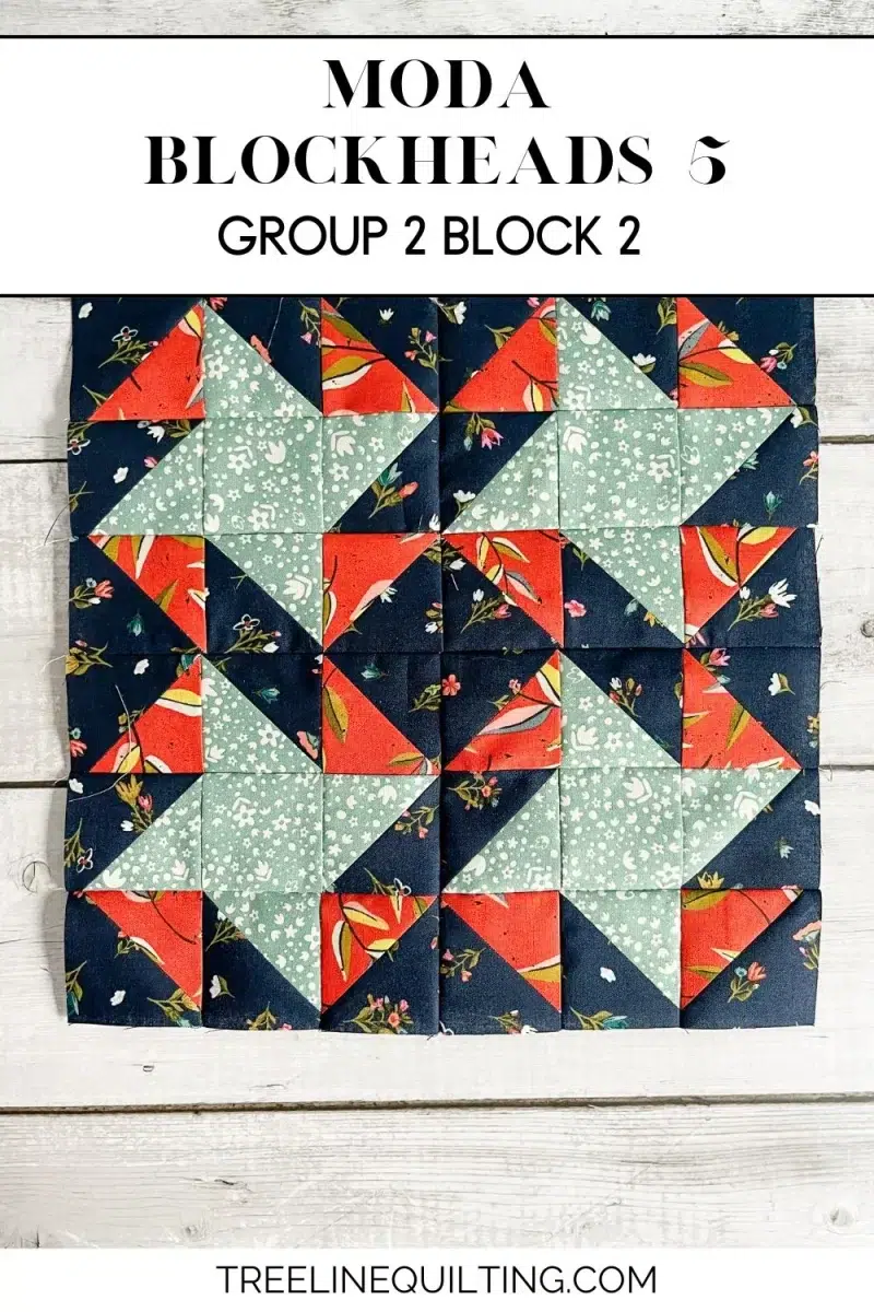Moda Blockheads 5 group 2 block 2 cover image with the block and blog post title. The All Stars block made with Fancy That Design House's fabric collection Songbook.