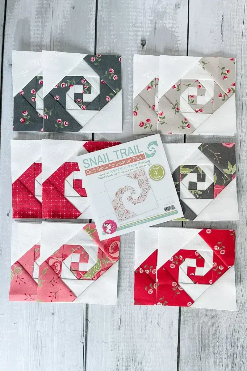 12 snail trail quilt blocks and a pad of Snail Trail foundation papers