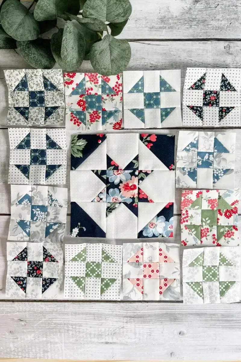 13 quilt blocks for month 1 of the Piece and Quilt Sampler