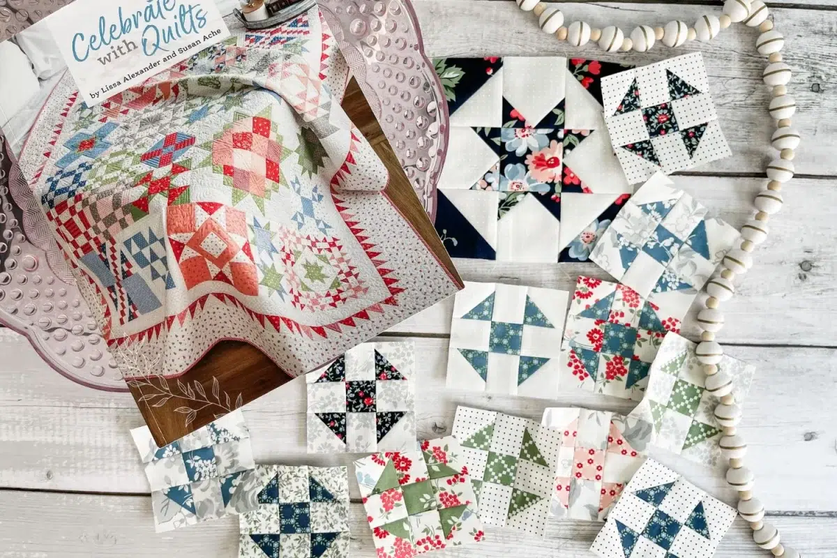 12 shoo fly quilt blocks and 1 Dandy Star quilt block with the Celebrate with Quilts book