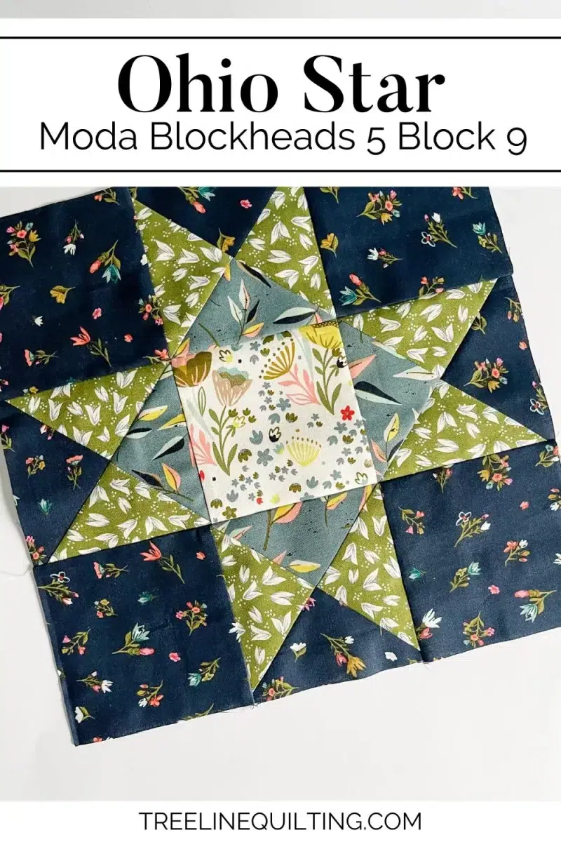 Ohio Star quilt block in green, navy, blue, and white floral prints cover image