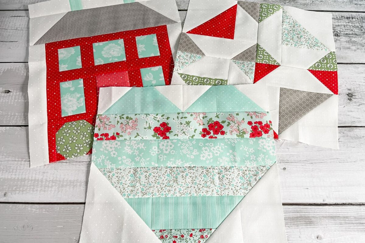 Three quilt blocks for month 8 of the Shine Bright Sampler quilt along.