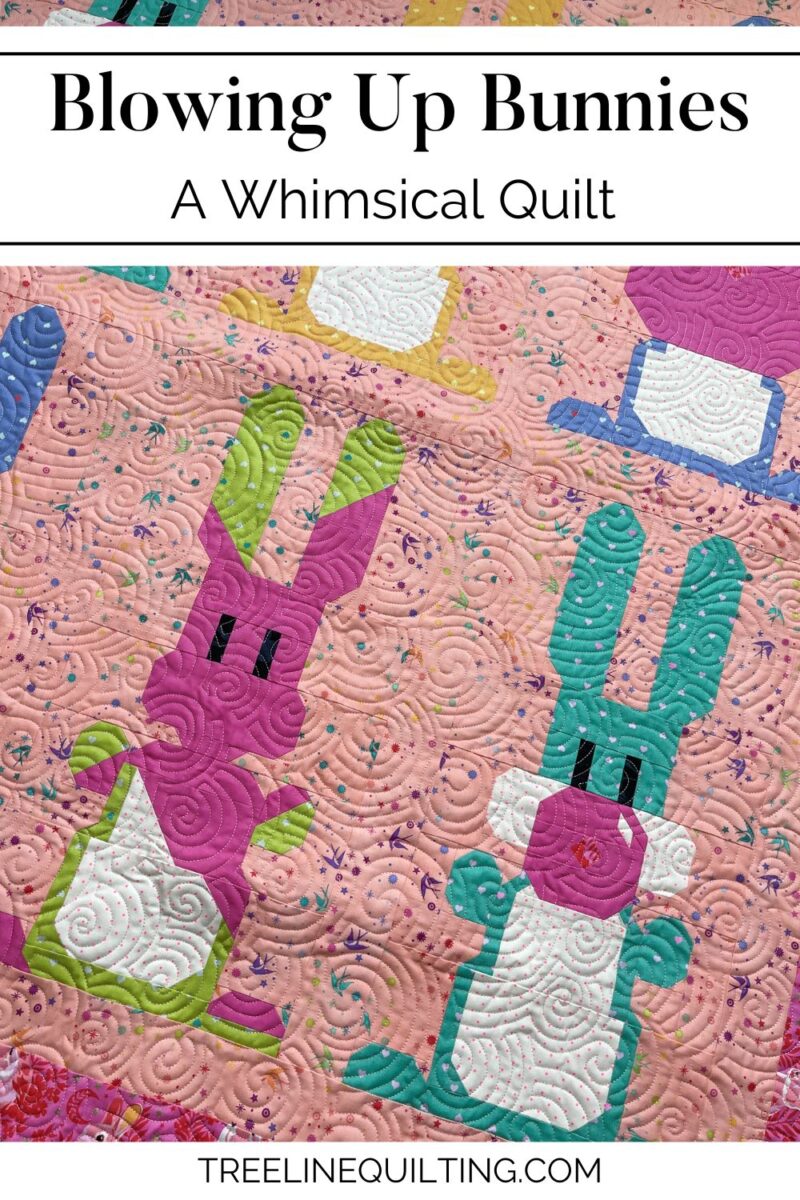 Blowing Up Bunnies Quilt cover image. Close up of the bunny quilt blocks made with Tula Pink True Colors and Besties fabric collections.
