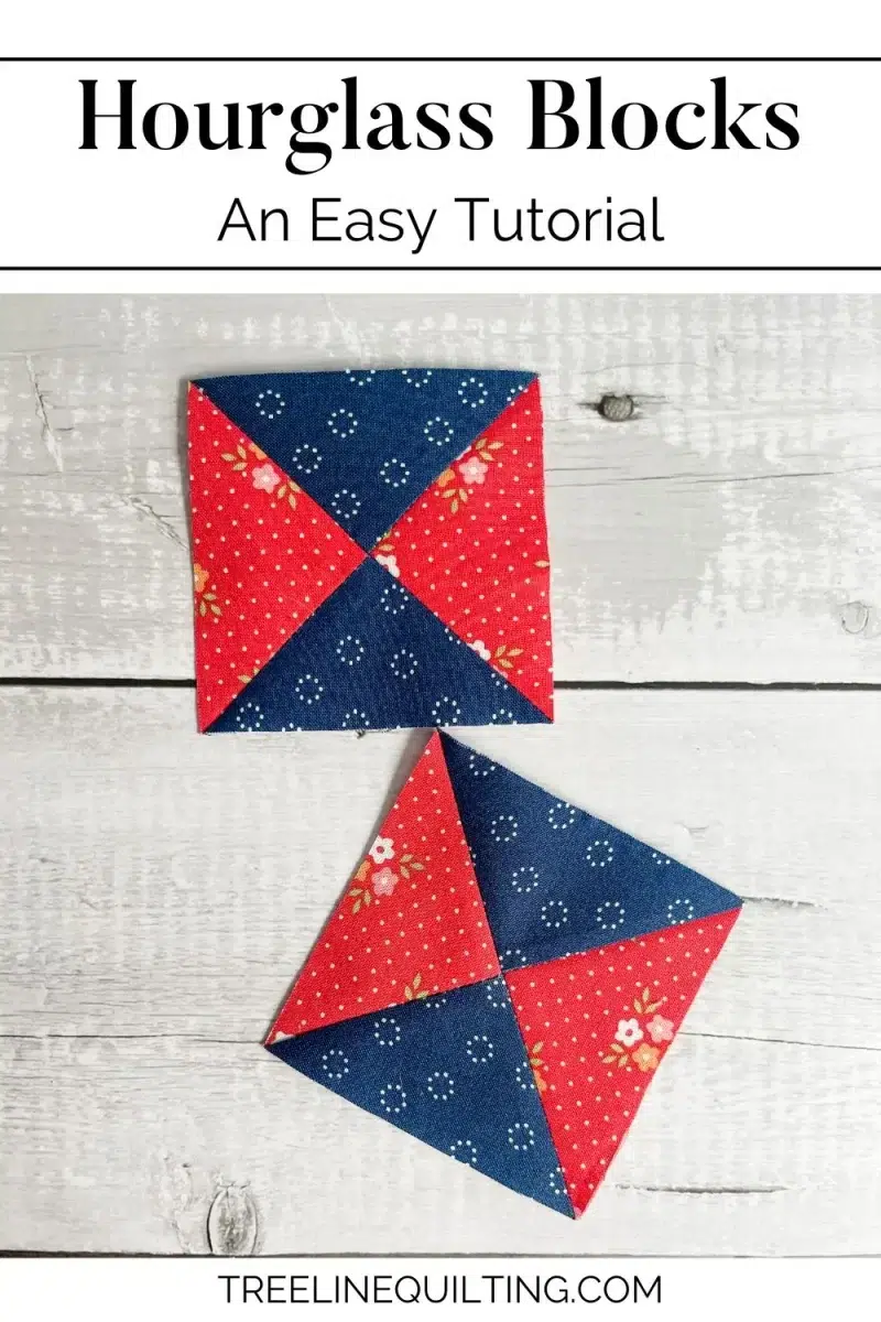 An easy tutorial to make hourglass blocks. Two completed hourglass quilt blocks in red and navy.