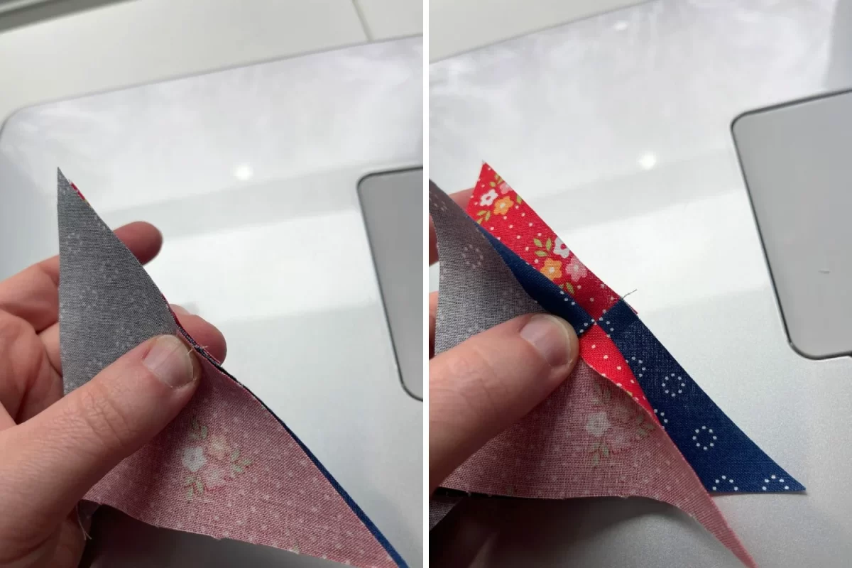 How to nest seams in quilting. Butt together the pressed seams from two pieces until they fit snuggly together.