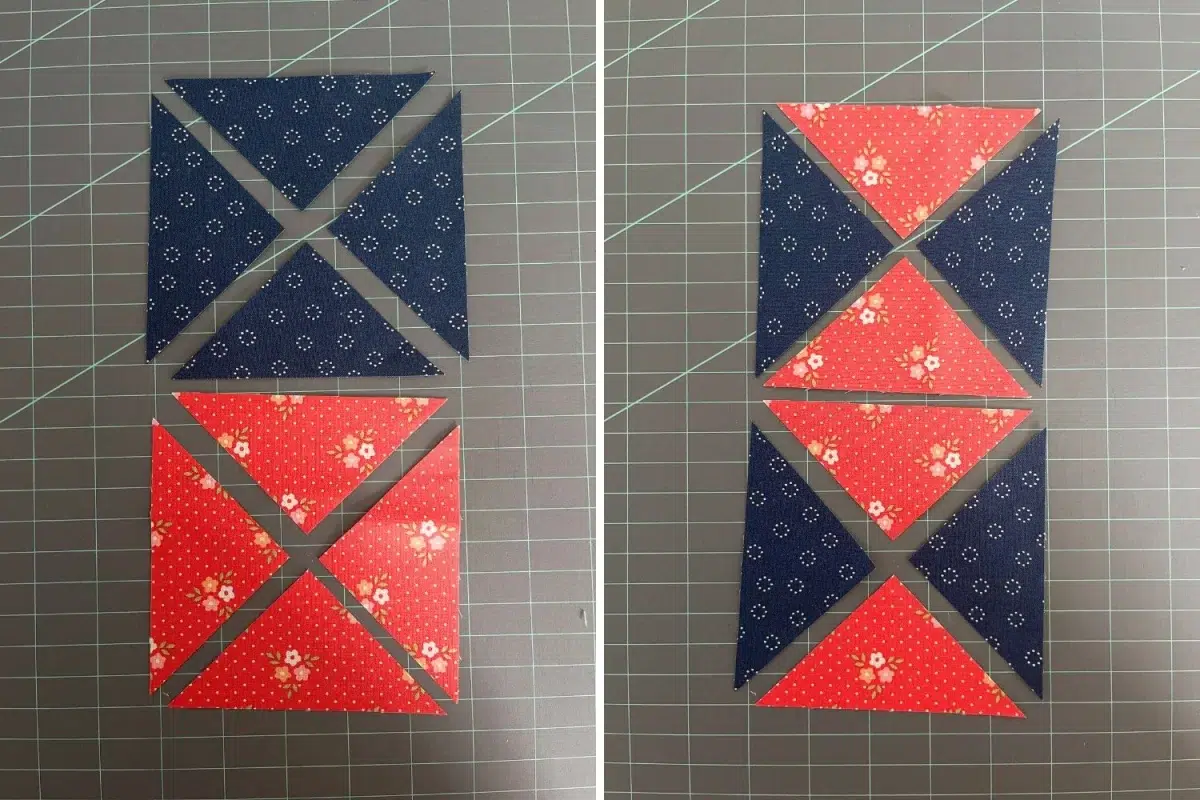 Two fabric squares cut twice on the diagonals to create quarter square triangles. Then arrange the colored fabrics into an hourglass shape.