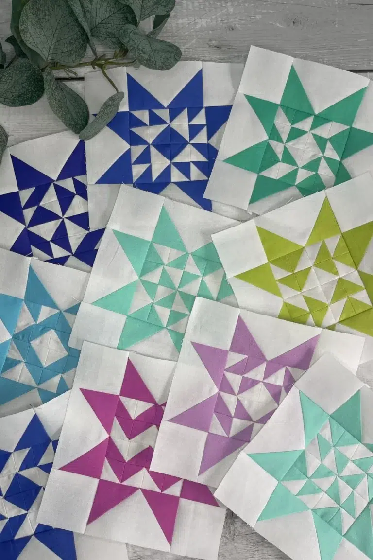 Twilight Stars March quilt blocks from the Triangle Gatherings quilt book.