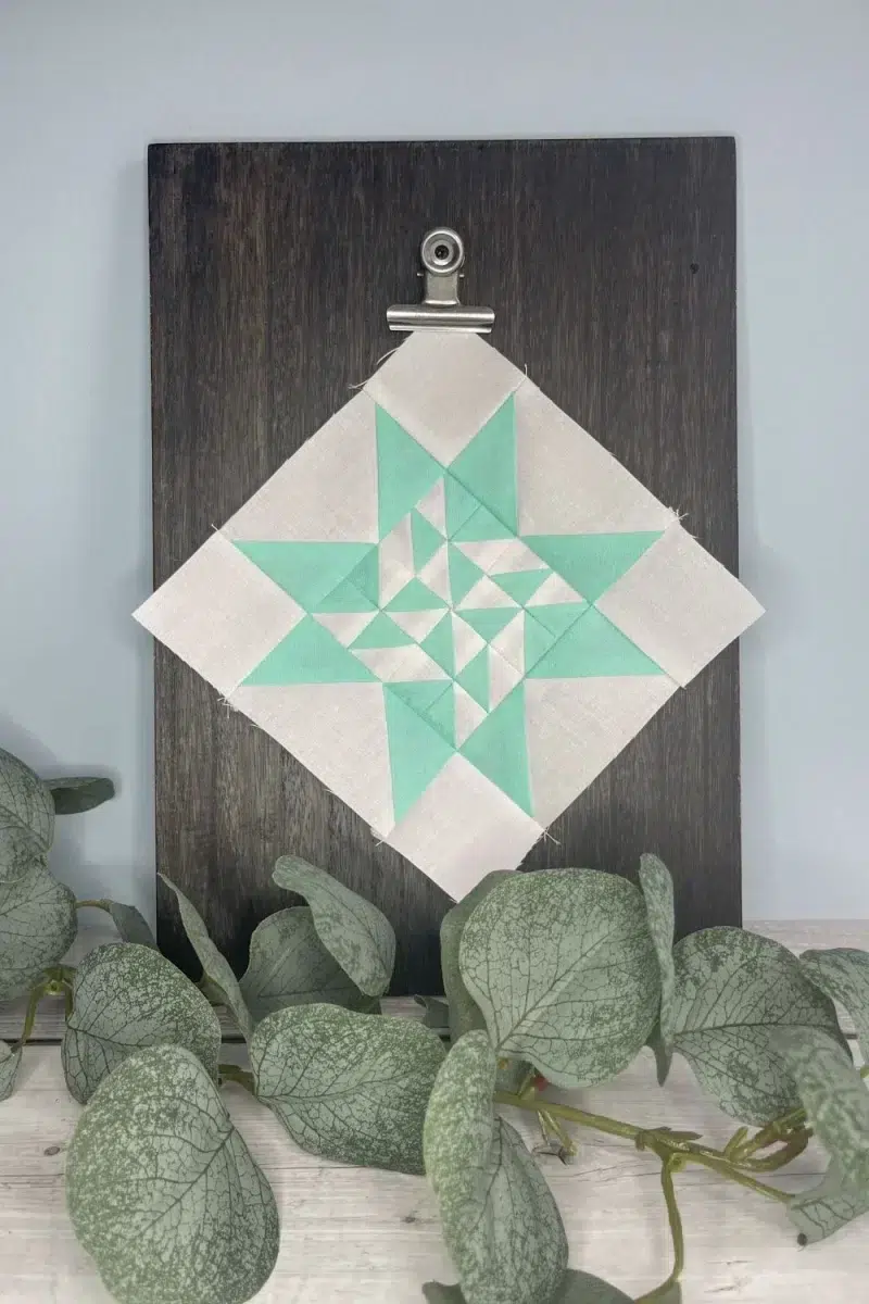 Triangle Gatherings book pattern 80 in white and aqua fabrics.