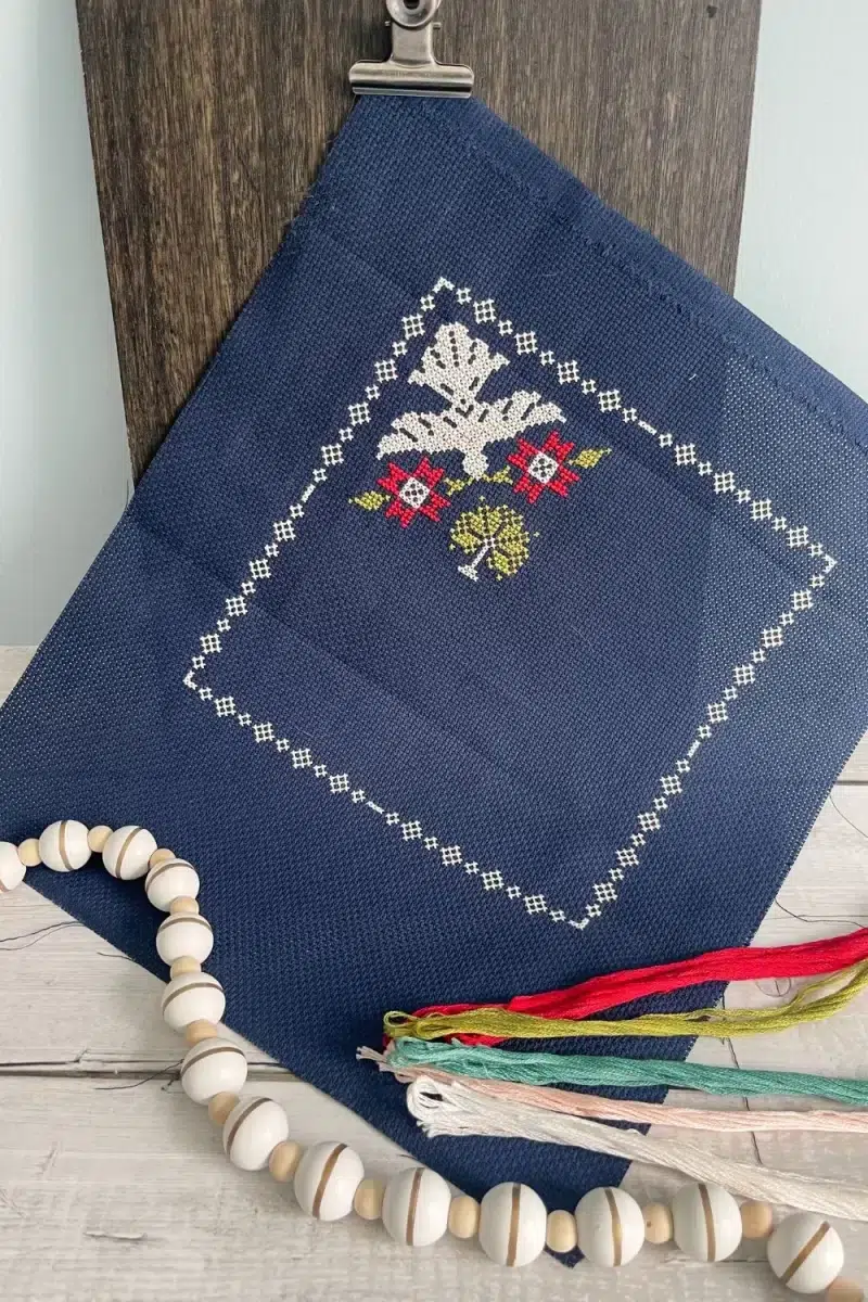 Moonbeams Cross stitch month 2 on navy 14 count Aida