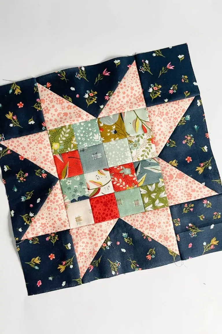 Overhead view of the 16 patch star quilt block made with fabrics by Fancy That Design House